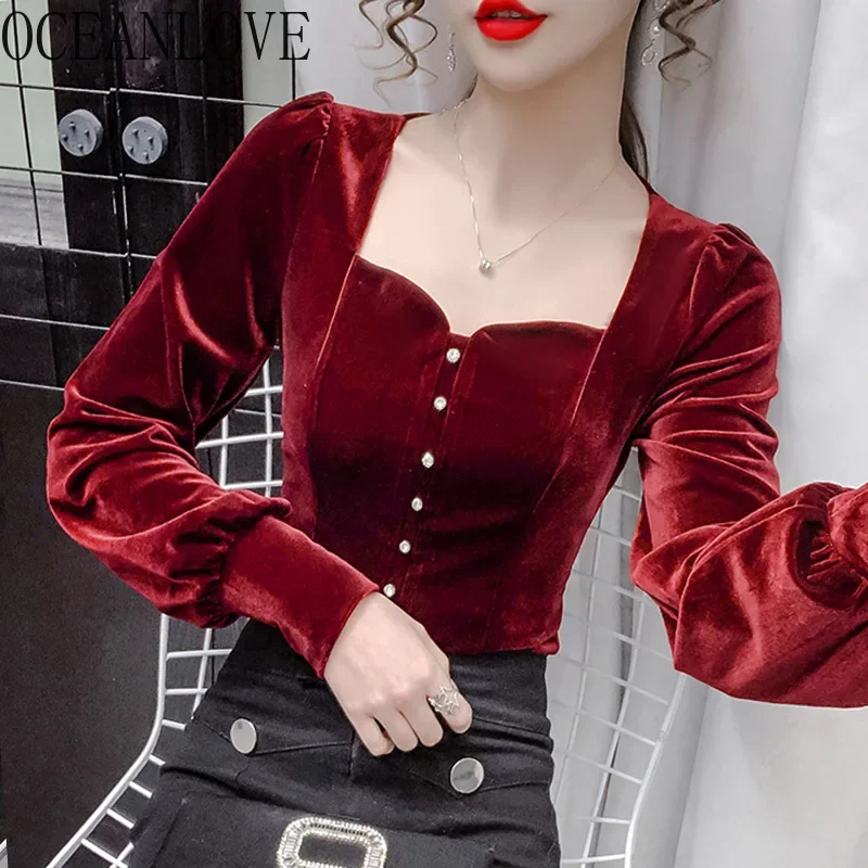 OCEANLOVE Velvet Square Neck T Shirt for Women Solid Autum Winter Vintage Ropa De Mujer Elegant Korean Fashion Slim Shirts