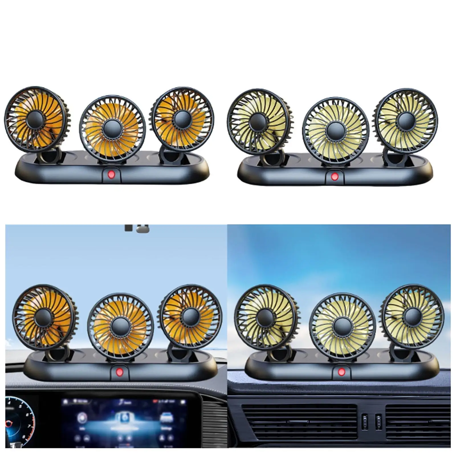 Wielofunkcyjny, obrotowy wentylator samochodowy z 3 głowicami, przenośny, do samochodów ciężarowych, na deskę rozdzielczą, do SUV-ów i sedanów.
