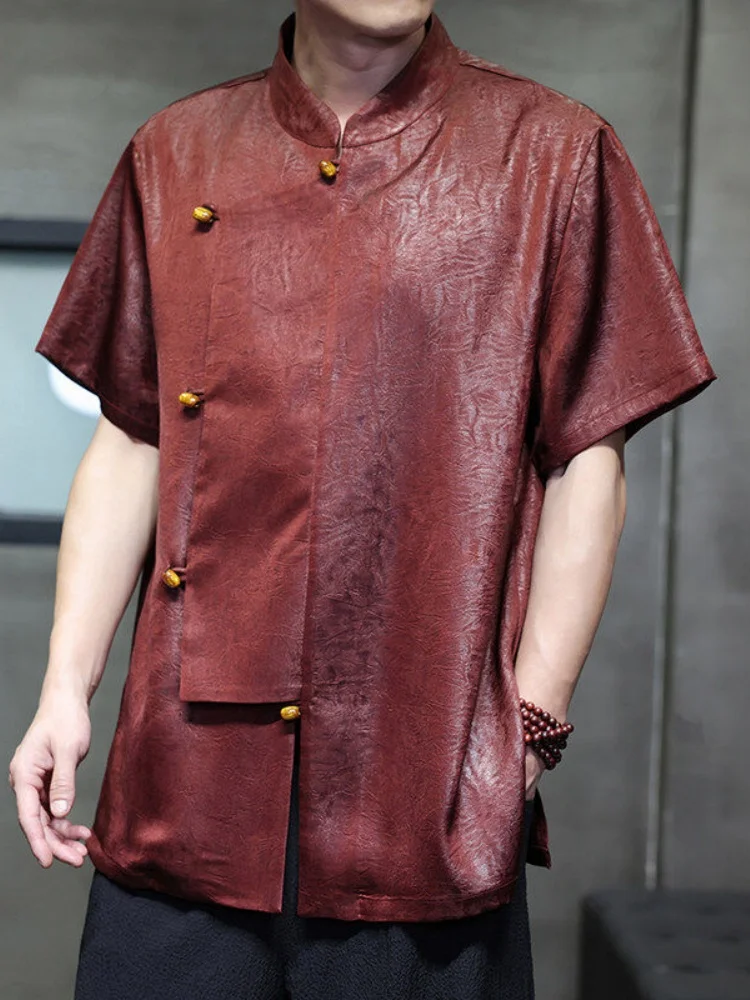 

Loose Fit Half Sleeve T-Shirt Men's Chinese Style Ice Sensation Short Sleeve Button Design Press Flower Loose Fit Stand Colla...