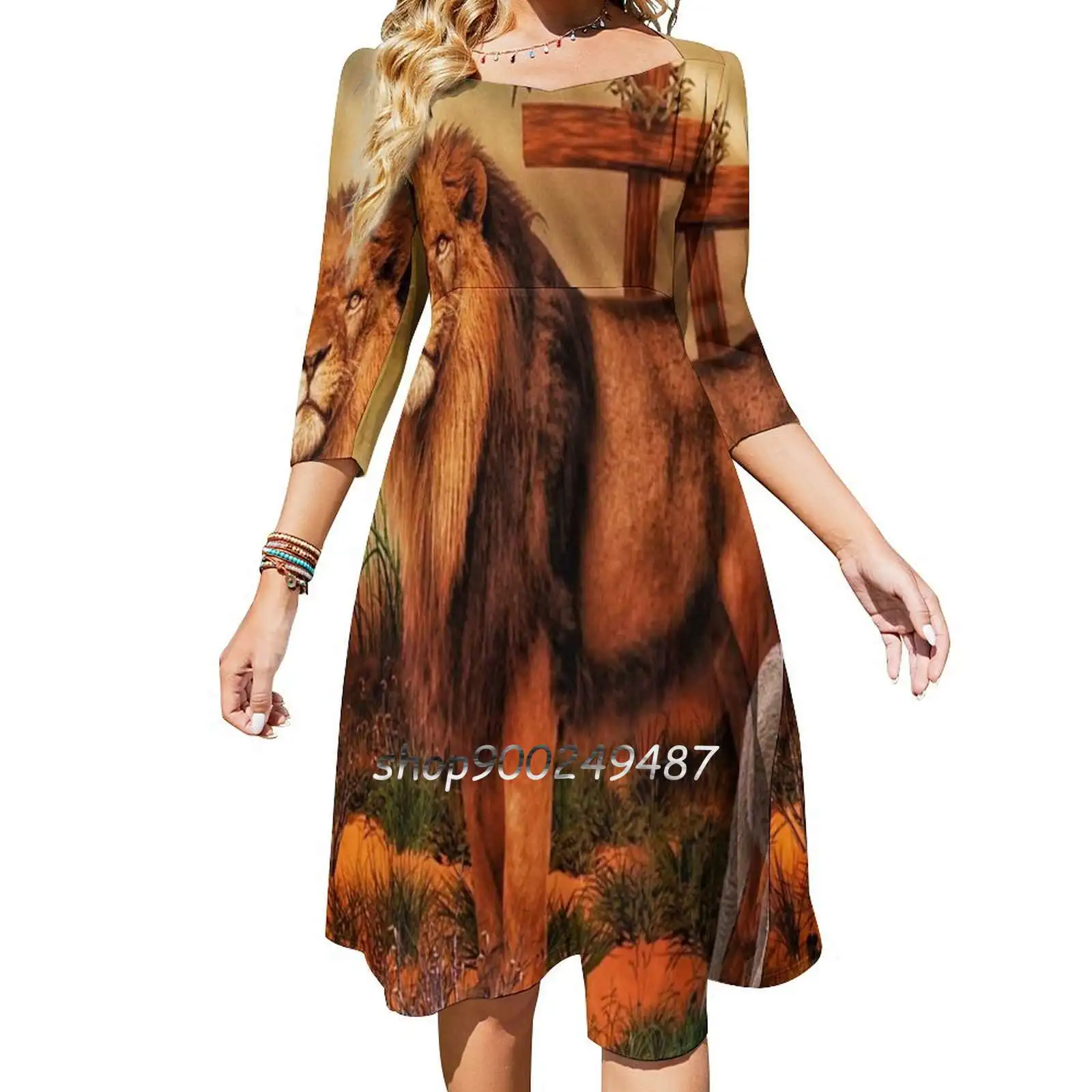 The Lion And The Lamb Dresses For Women A-Line Korea Style Slim Long Sleeve Dress Lamb Cross Lion God Holy Almighty Alpha