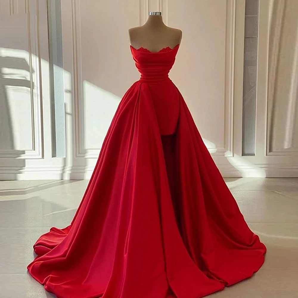 

Red Women's A-Line Evening Dresses Satin Pleated Sweetheart Side High Split Princess Prom Gowns 2023 Plus Size Vestido Fiesta