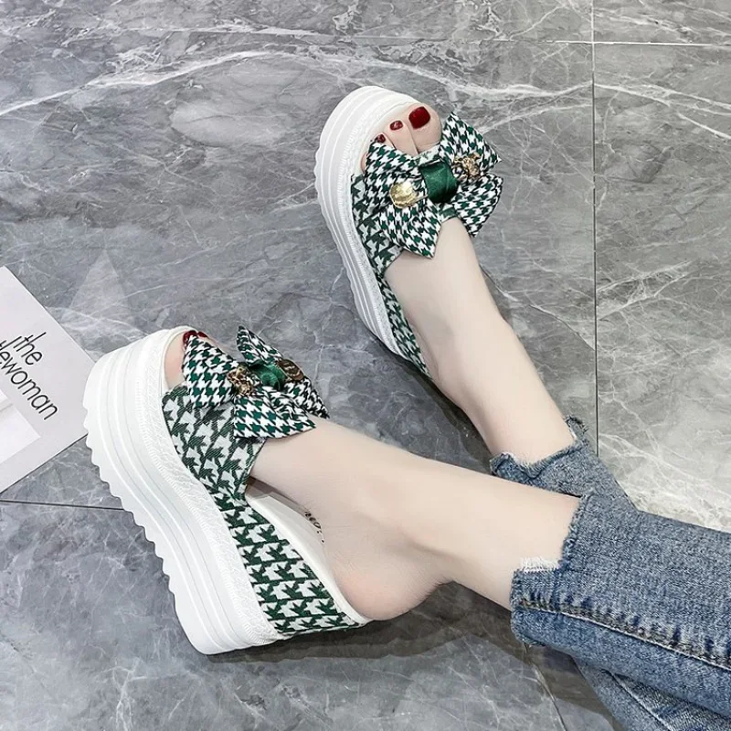 2023 Women\'s High Heel Slippers Luxury Slippers Platform Summer High Designer Fashion PU Shoes Bow Decoration Women Shoes Heels