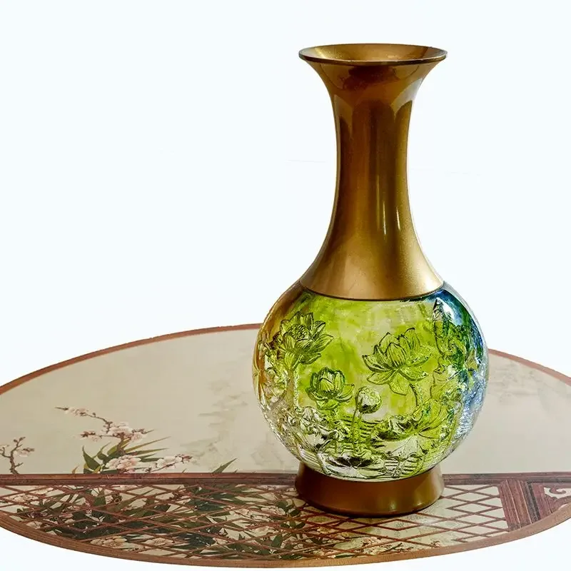 flower, vase home furnishing, brass ornament handicrafts, high-end entrance Chinese style, enamel relief, antique living room