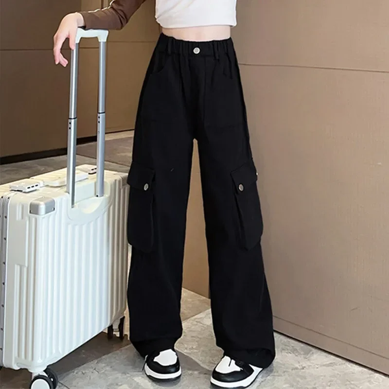 Baby Girl Pants Girls Spring and Autumn Pant 2024 New Style Large Children Fashion Loose Nail Buckle Cargo Pant Wide Leg Pants