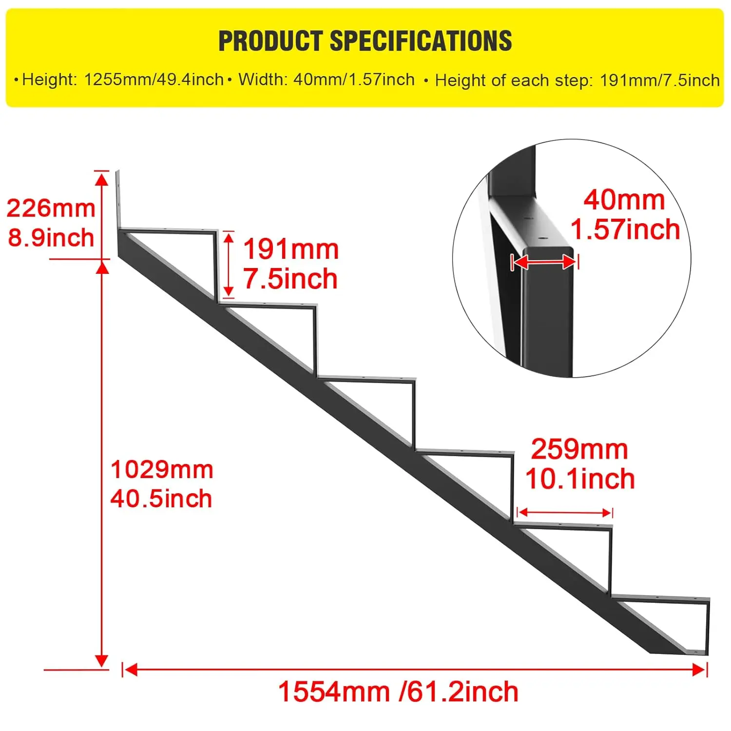 Steel Stair Step Riser 6 Step for Deck Height 49.4 Inches Metal Stair Stringer Step Stringer Support Connector Frame Bracket