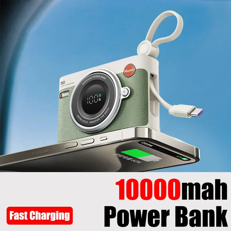 Retro Camera Design Power Bank 10000mah Large Capacity Mini Portable Phone External Battery Wireless Fast Charging Powerbank