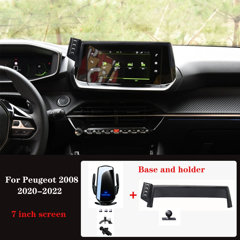 Car Phone Holder For Peugeot 2008  2020 - 2022 7-Inch Screen 15W Fixed Base Fast Wireless Charger Stand Car Mobile Phone Mount