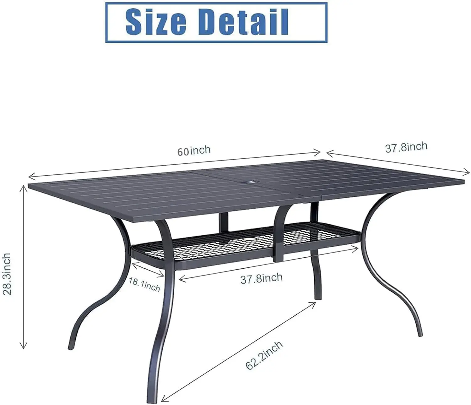 Mesa retangular de ripas de aço metálico, mesa de jantar para pátio, furo para guarda-chuva de 1,57 ", para quintais, porches, jardins ou à beira da piscina, 60x37"