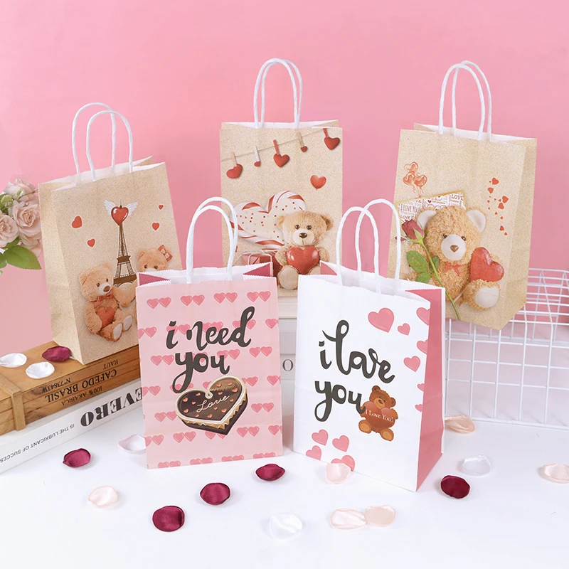 

5/10Pcs Valentine's Day Gift Bag with Handles Candy Chocolate Packaging Paper Bags Wedding Party Favors Valentines Day Supplies