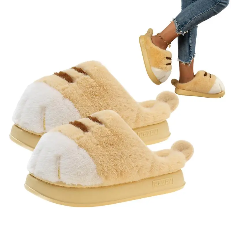 Kedi ayak terlik yumuşak bulanık Kitty terlik kadınlar için sevimli eğlenceli hayvan terlikleri kedi ev ayakkabıları kaymaz taban kadınlar için