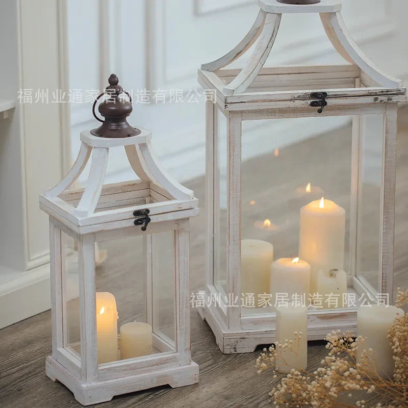 Vintage American Style Wrought Iron Candle Holder with Glass Windproof Design Retro Wood Base Lantern for Garden Window