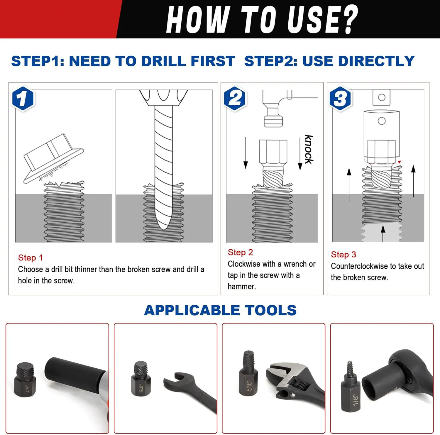 Screw Extractor Set Hex Head Multi-Spline Easy Out Bolt Extractor Set, EZ Out Rounded Screw Remover