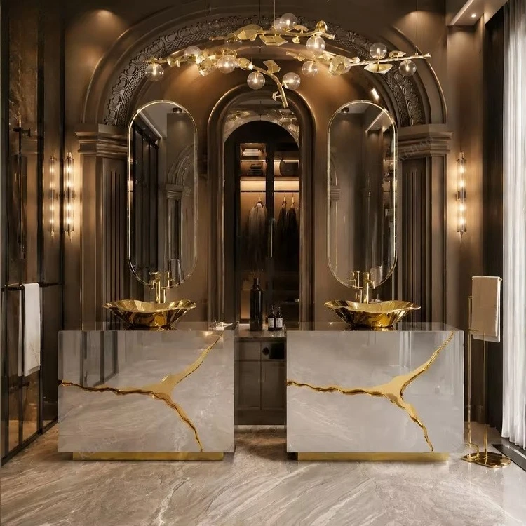 Modern Luxury Custom Double Sink Bathroom Vanity Mirror Stainless Steel Cabinet with Gold Vessel Basin for Villa Project Home