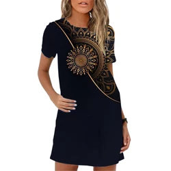 2024 New Women Dress Black A-Line Vintage Print Dress Plus Size Summer Short Sleeve Loose Casual Woman Mini Dresses