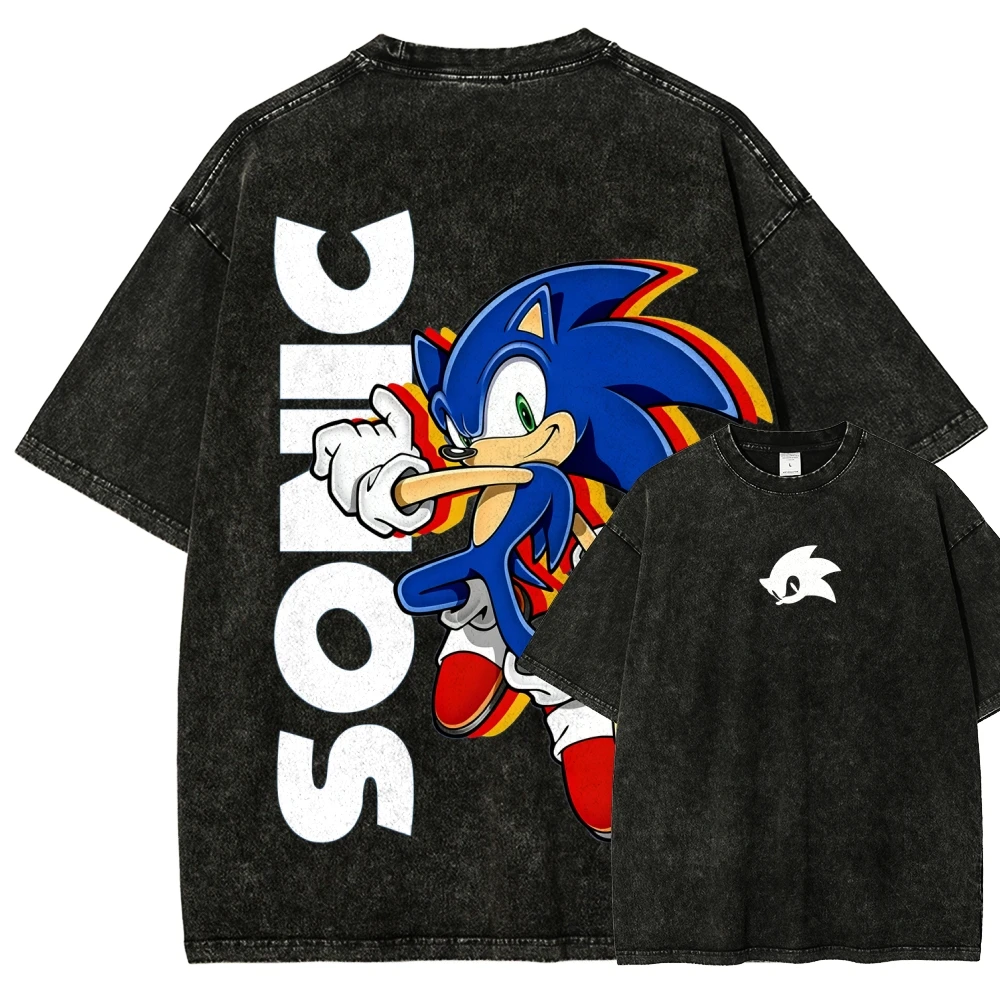 Esports Gaming Shirts - 2026年夏 ソニック フロント＆バックプリント ゲーミングTシャツ、ヴィンテージウォッシュ加工、原宿ストリートウェア、ゲーム愛好家・ファン向けユニセックスカジュアルTシャツ