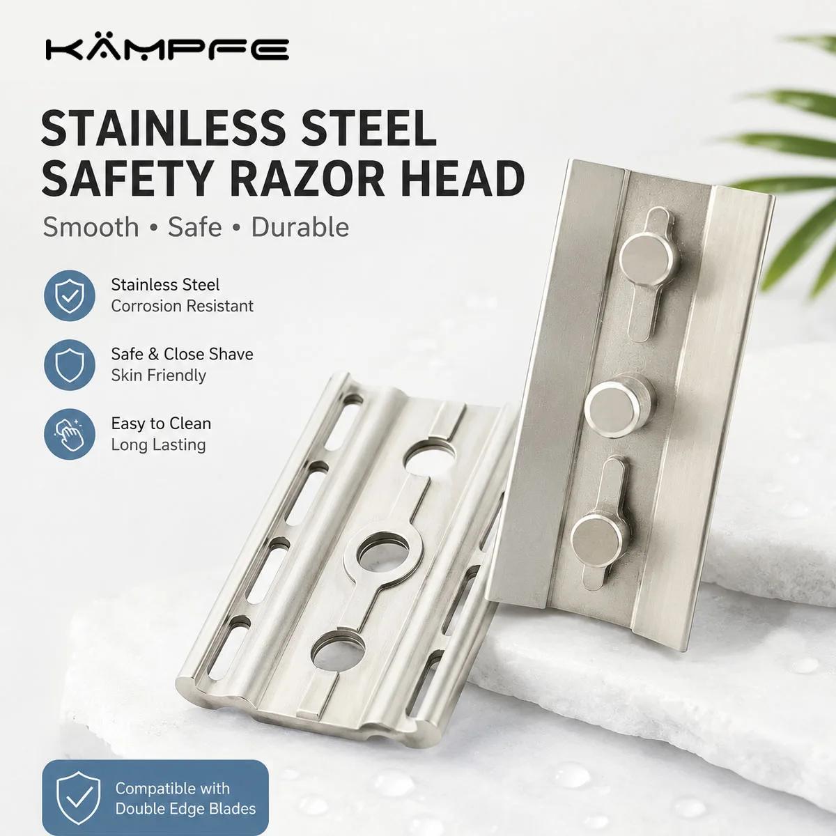 KAMPFE 316 Stainless Steel CNC Machined Manual Safety Razor Head 0.90mm Gap Wet Shave Replacement Head for Men Shaving