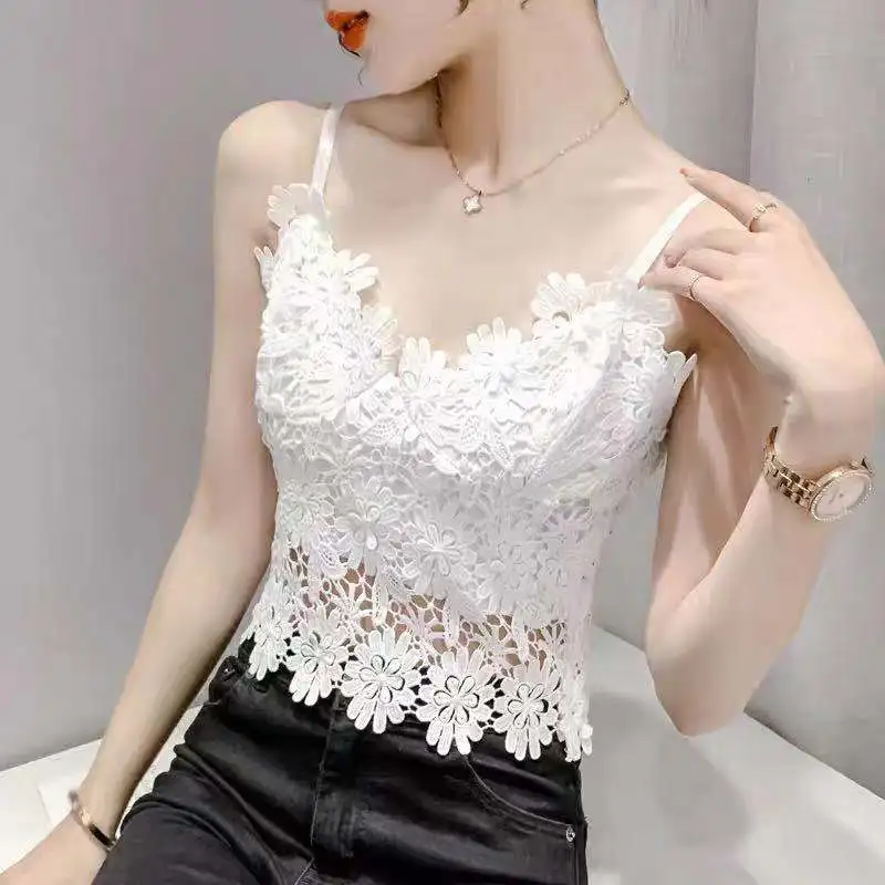 

Women Clothing Sexy Lace White Short Tanks Camis Summer New Solid Color Slim Hollow Out Irregular All-match Tops Fashion Trend