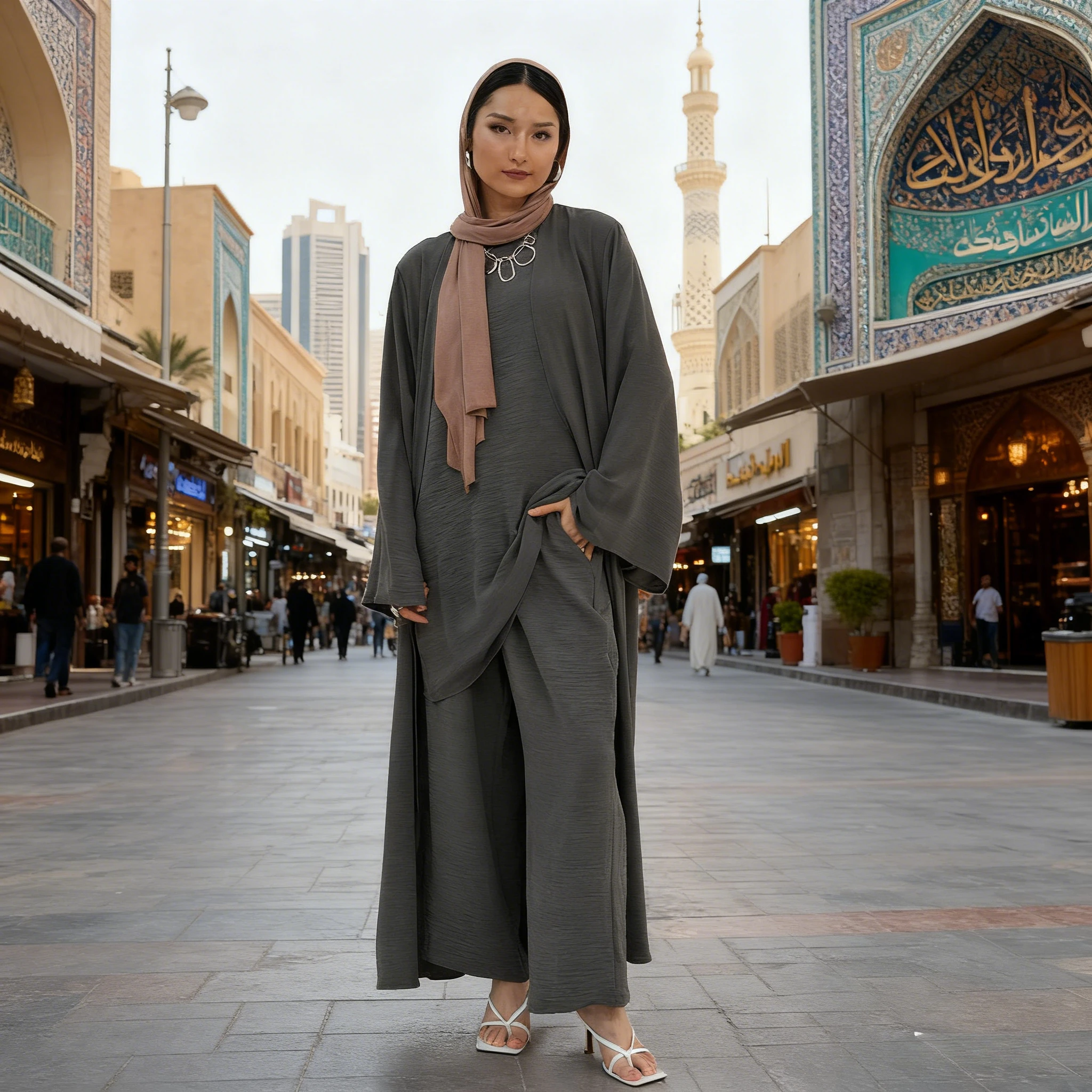 

Ид комплекты из трех предметов, женские кардиганы с Абая, топы, широкие брюки, костюмы, мусульманский скромный кафтан, Рамадан, Марокко, Абая, ансамбли 2024