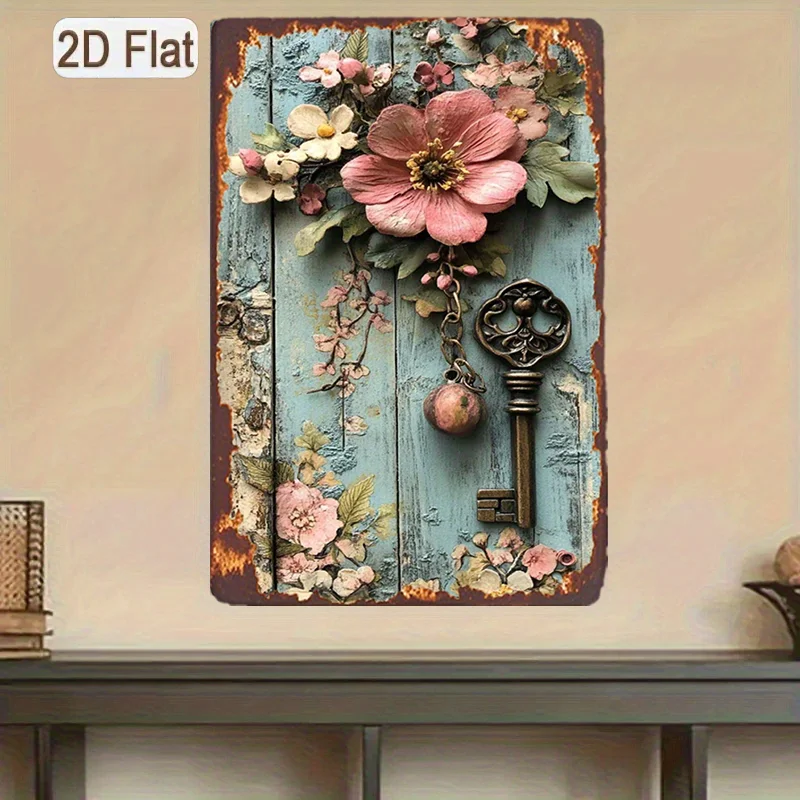 

American Retro Tinplate Art with Pink Flowers & Key, Blue Background - Unique 2D Flat Design for Kitchen Wall Decor