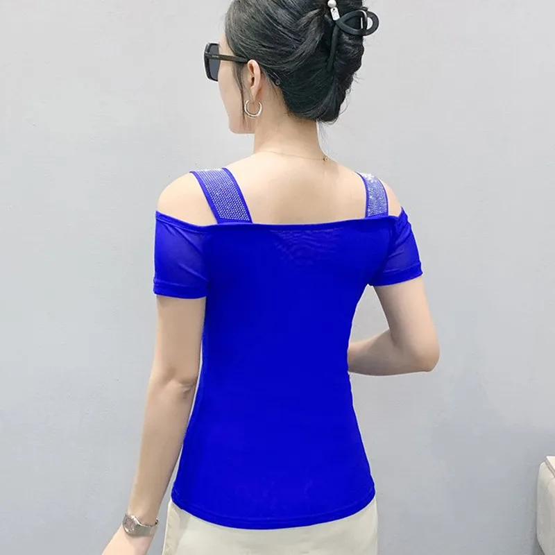 

Streetwear Summer Sexy Off Shoulder Girls Tees Shiny Butterfly Hot Diamonds Designer Women' T-Shirt Female Slim Mesh Tops