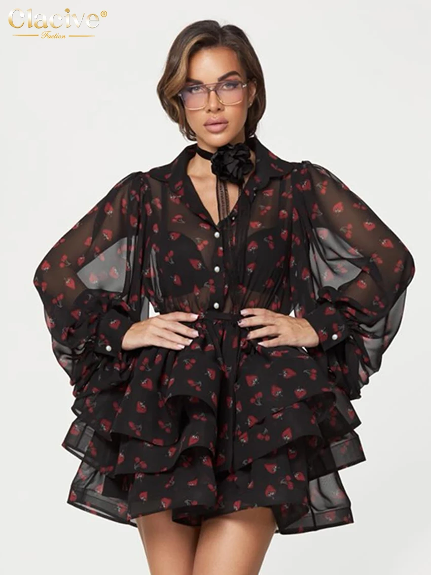 

Clacive Fashion Loose Print Women's Dress 2026 Sexy Lapel Long Sleeve Mini Dresses Lady Elegant Classic Pleated Female Dress