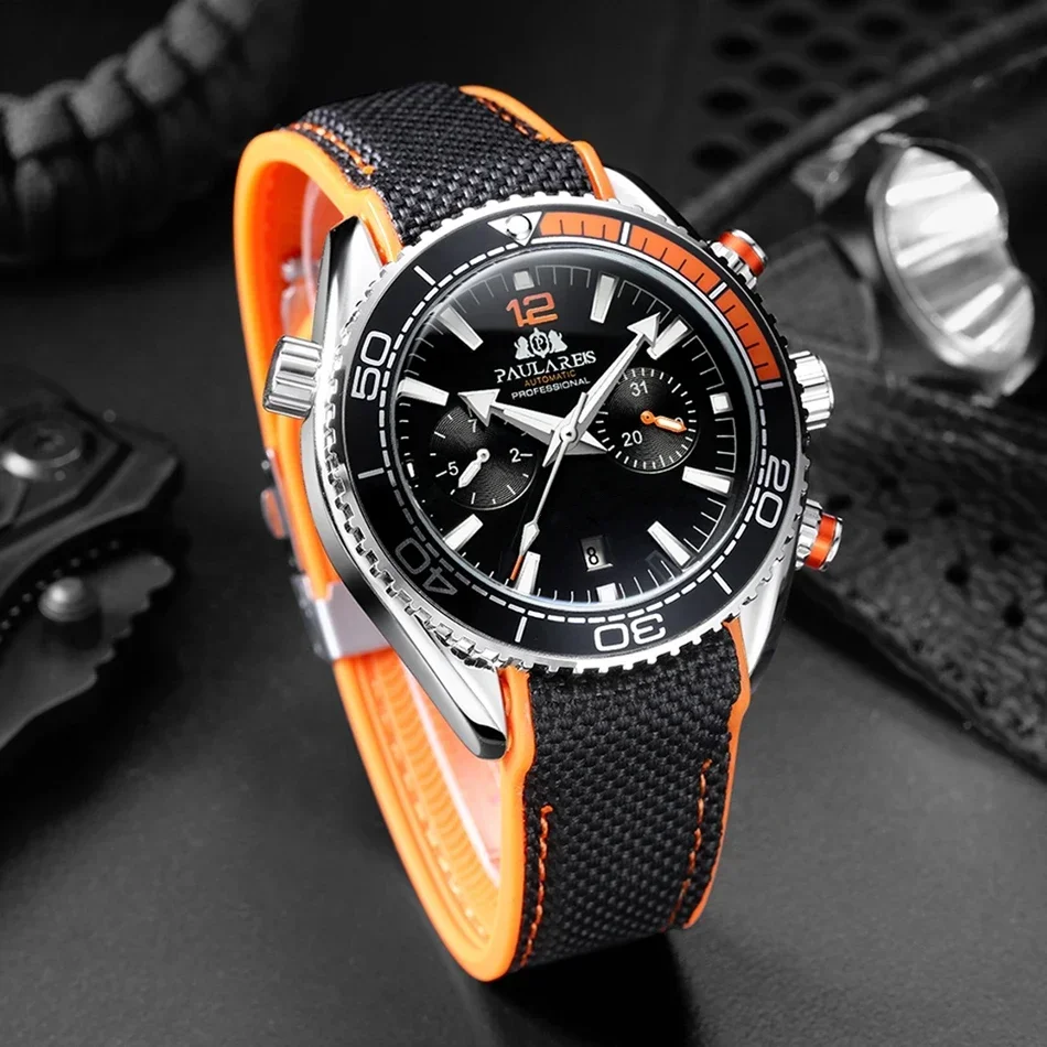Automatic Mechanical Canvas Rubber Strap Orange Red Blue Multifunction Date Month Men Fashion 45mm Luxury Wristwatch