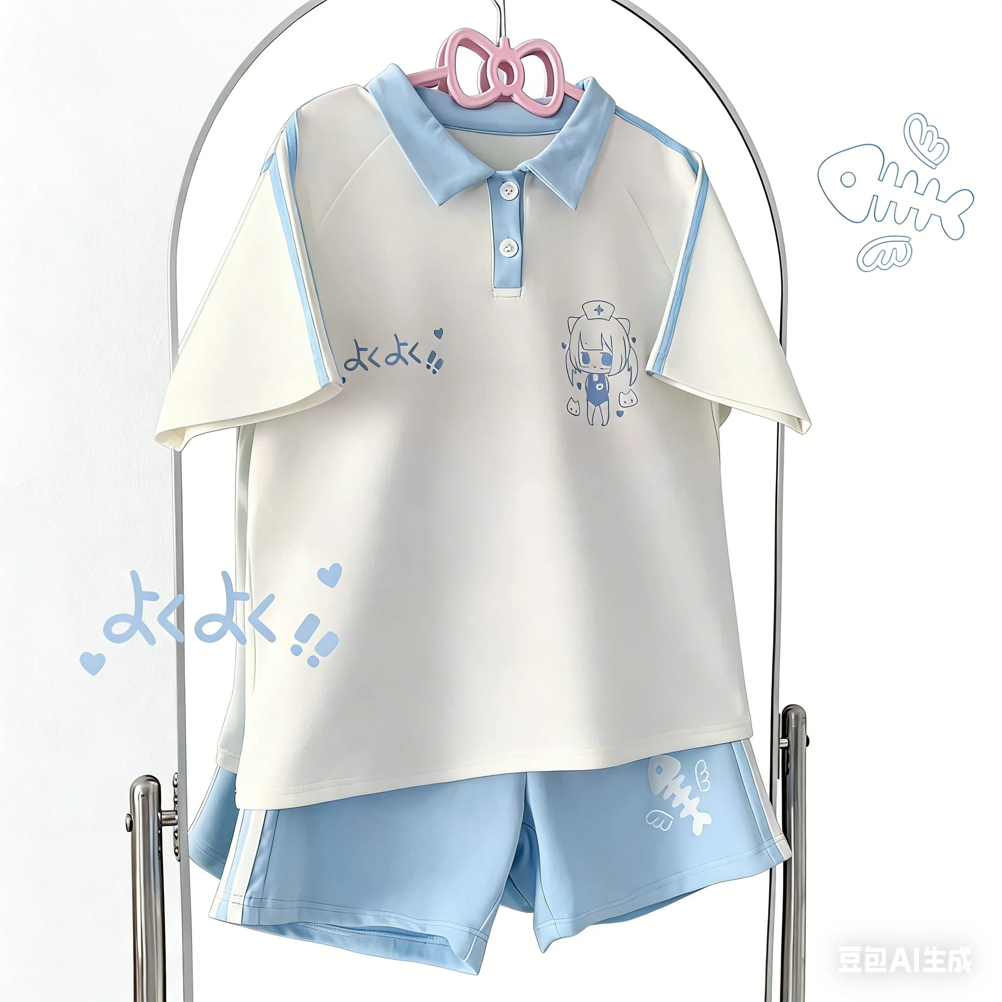 

Japanese Chic Preppy Style Two Pieces Sets Cartoon Printing Patchwork Y2k Aesthetic Tops Casual High Waist Shorts Summer Outfits
