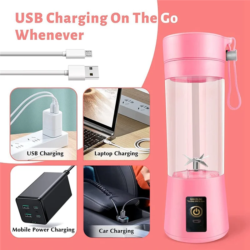 เครื่องปั่นแบบพกพาเครื่องปั่นขนาดเล็กสําหรับปั่นและสมูทตี้ชาร์จ USB 380Ml เดินทางผลไม้คั้นน้ําผลไม้ถ้วย 6 ใบมีด-LITE