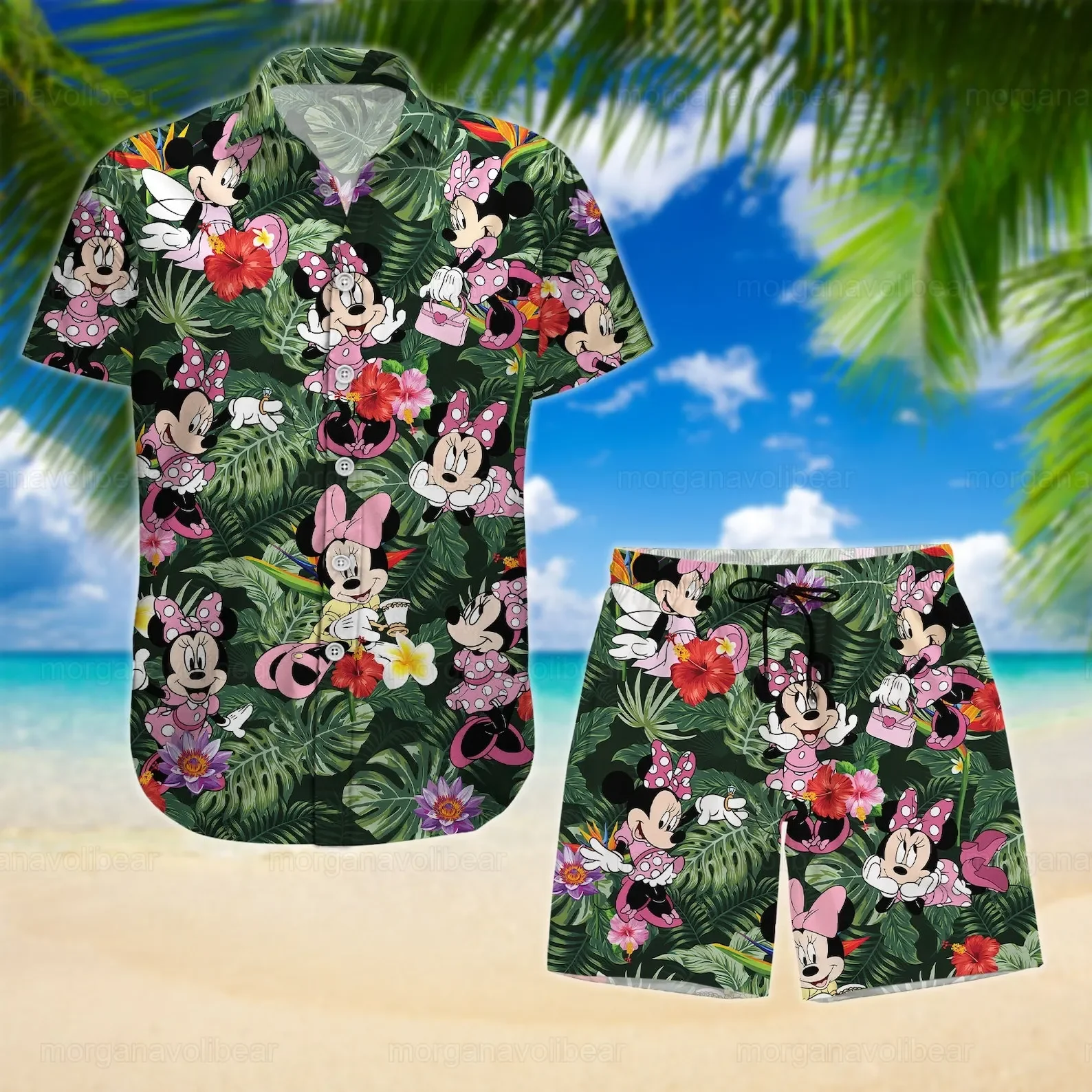 2024 Disney Minnie Men Women Hawaiian Shirt Set of 2 Vintage Button Up Shirt Board Shorts Casual Set Summer Kids Shirt Set