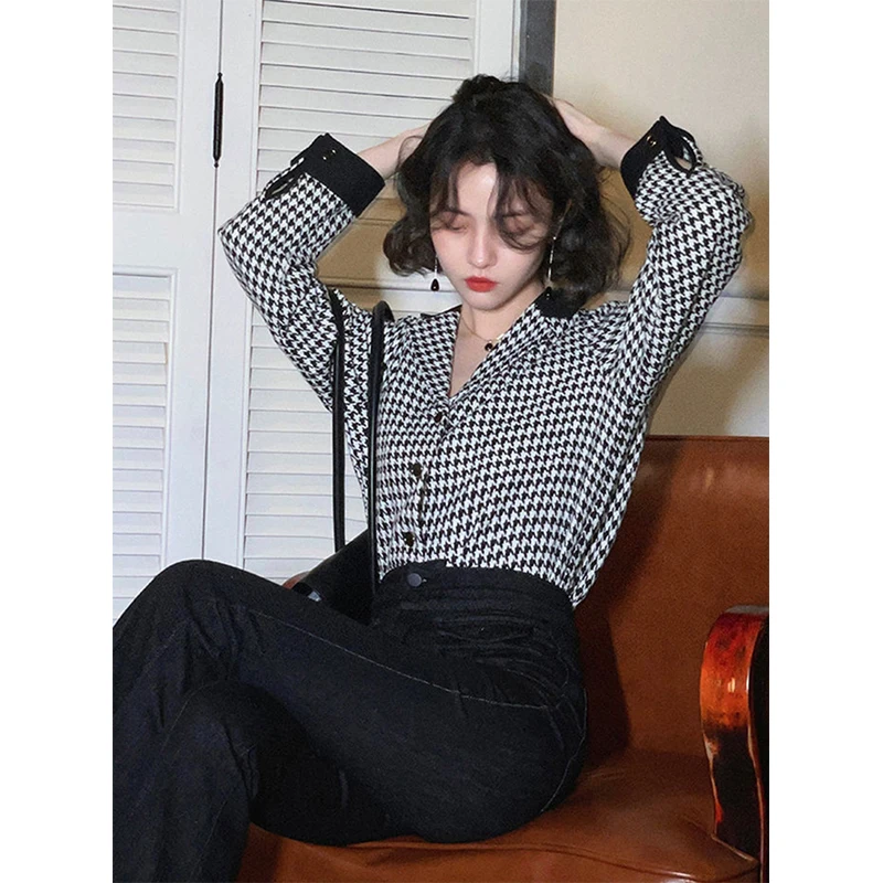 Vintage Houndstooth Shirts Women Elegant Chiffon Long Sleeve Blouses Streetwear Korean Patchwork Casual Tops Spring Summer New