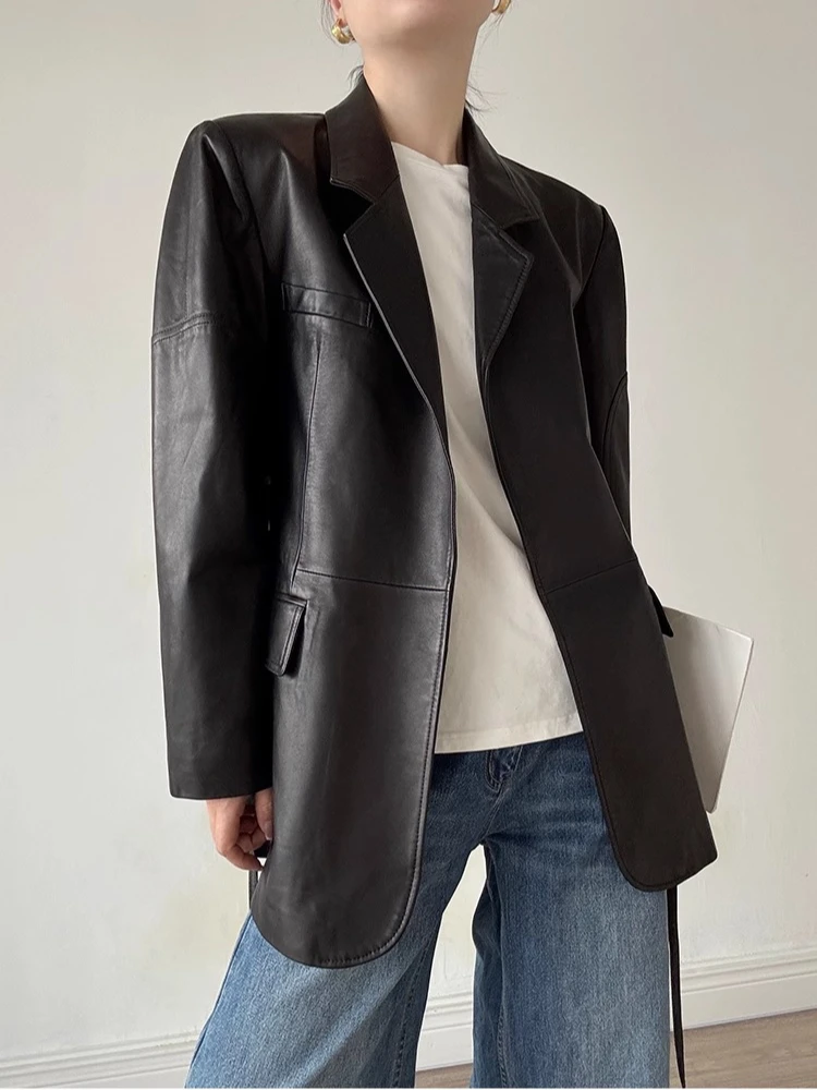 Vintage Lace-up Genuine Leather Blazer Jackets for Women Spring Autumn 2025 New High-end Simple Soft Black Real Sheepskin Coat