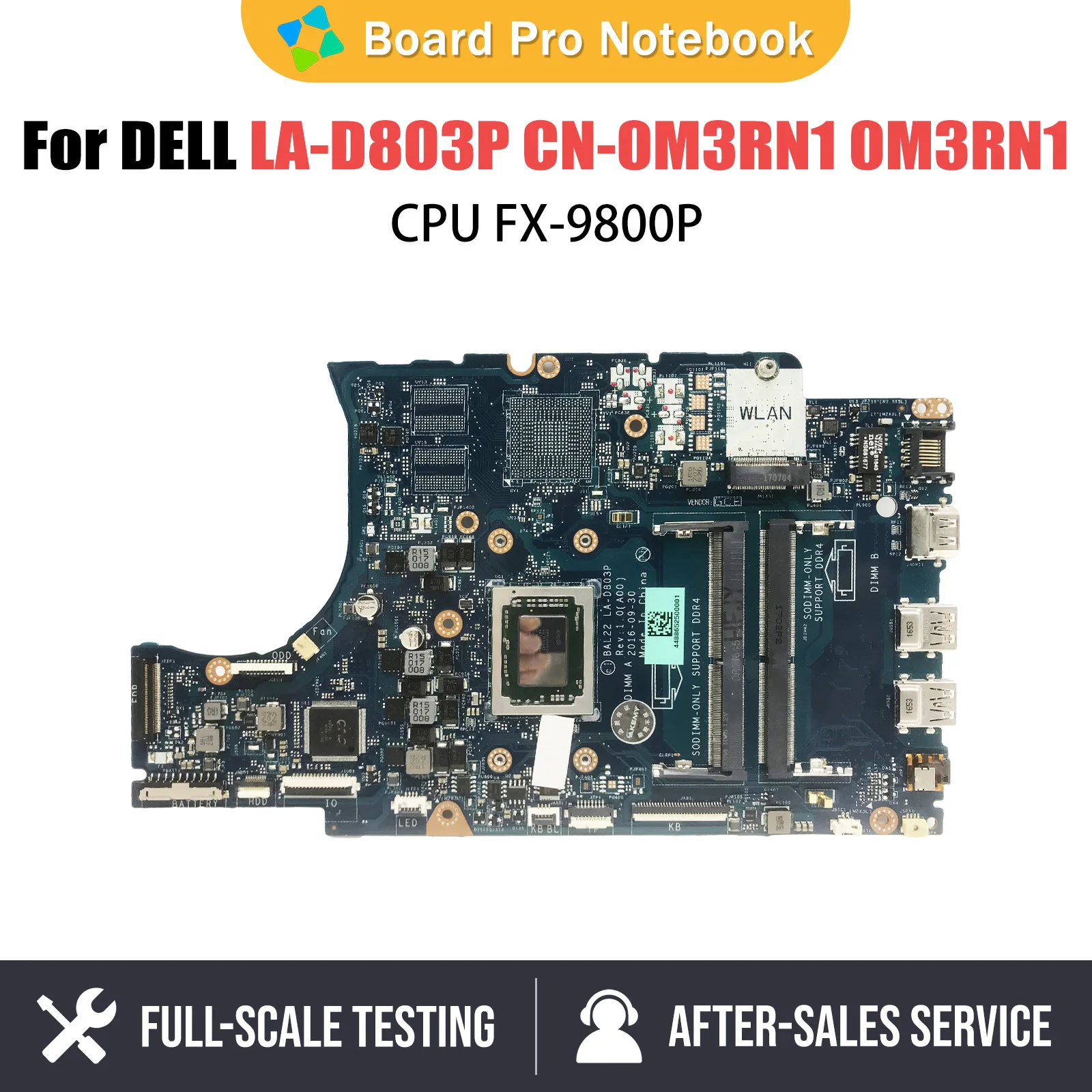 LA-D803P  Notebook Mainboard For DELL LA-D803P Laptop Motherboard CPU FX-9800P DDR4 100% Test OK