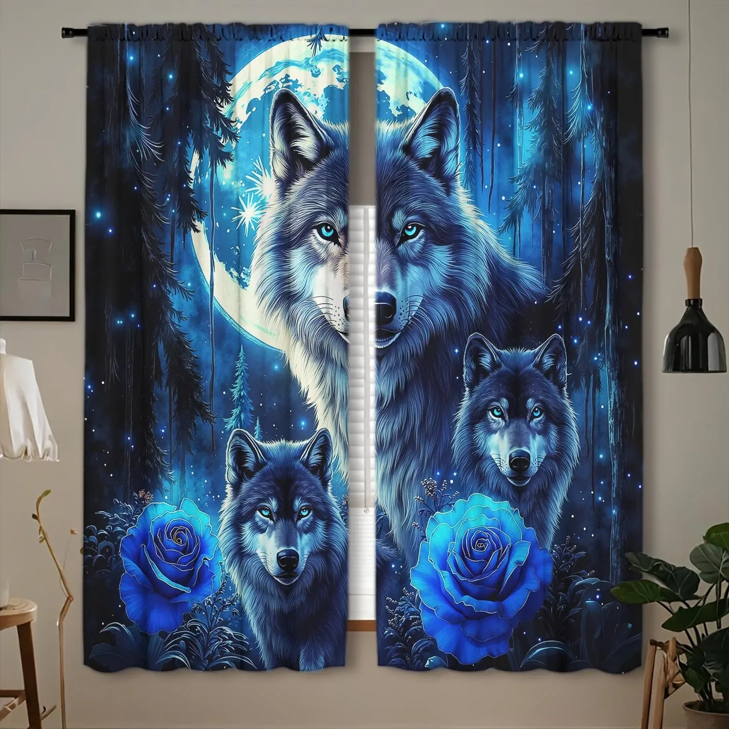 2 Stück Under the Moon Wolf King Rose Vorhang – künstlerische Heimdekorationsvorhänge, dekorative Vorhänge für alle Jahreszeiten
