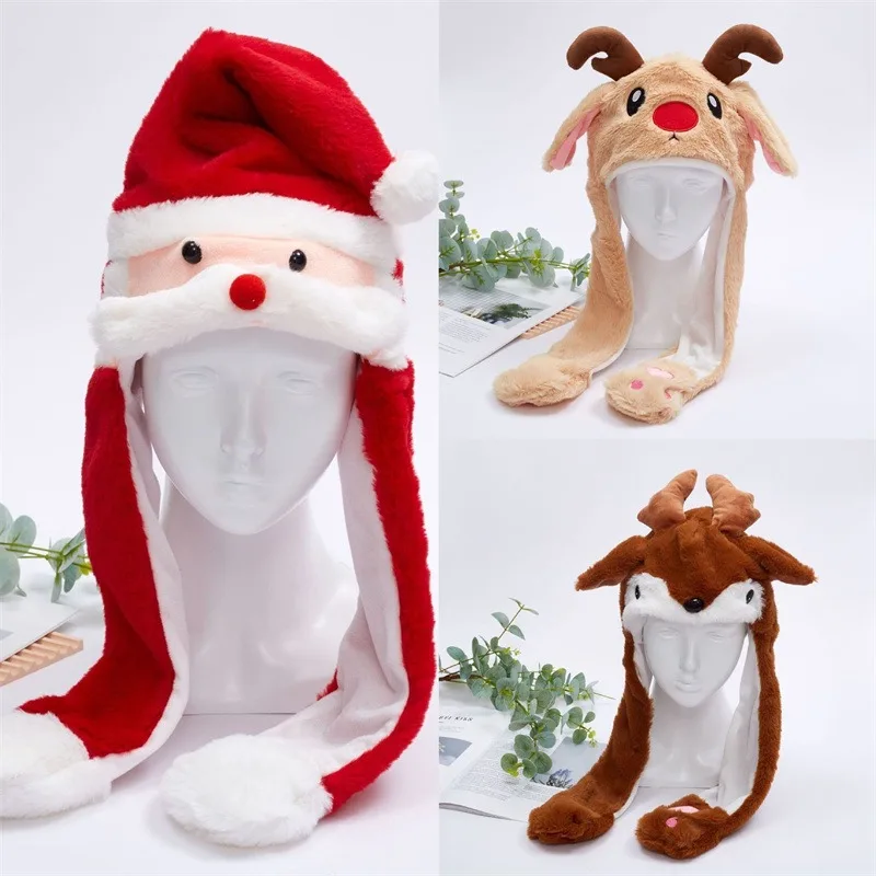 

Funny Christmas Halloween Plush Hats Deer Pumpkin Santa Claus Ghost Animals Ears Moving Plush Hats for Boys Girls Holiday Gifts
