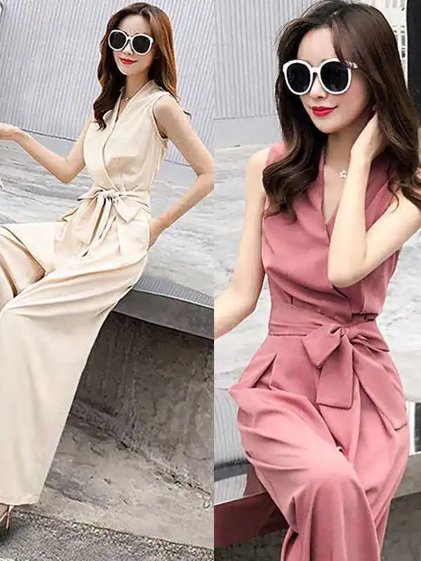 

Women's Summer Faion Casual Wideleg Pants One-Piece Vnec Commute Sle Low Waist Polyester Fiber 00% PVC Material