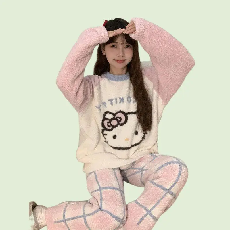 

2025 Women Autumn/winter New Cute Sweet Hellokitty Half Velvet Comfort Pajama Set with Thick Velvet Warm Pants Home Clothing Set
