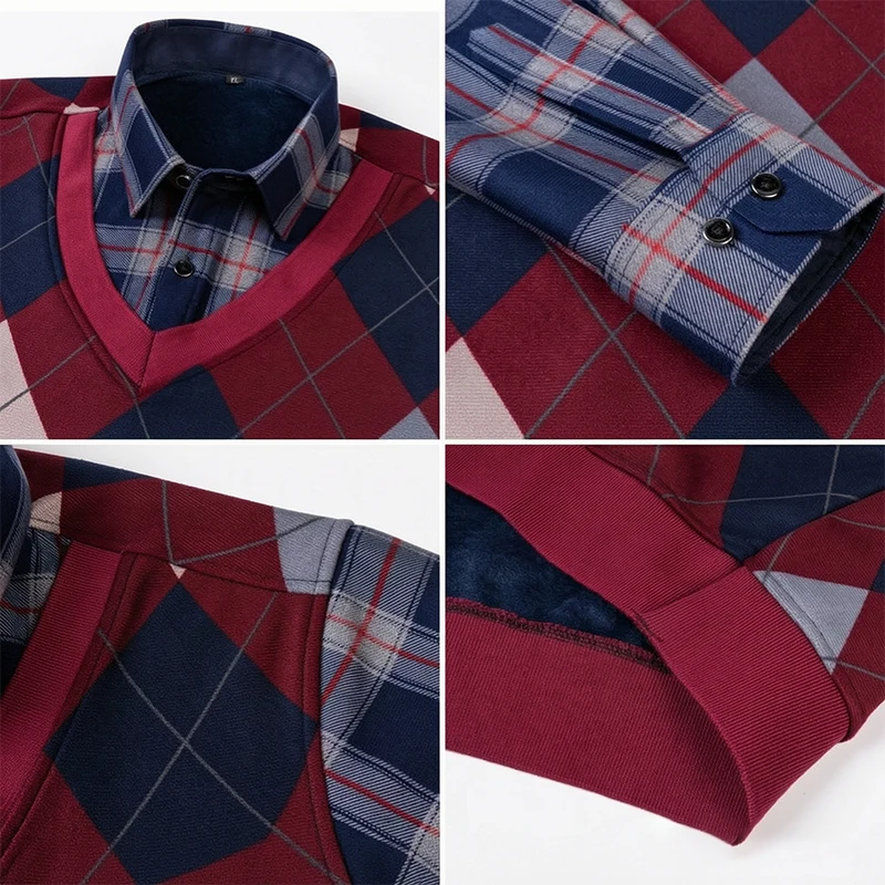 New Autumn Winter Keep Warm Thicken Men's Fake Two-piece Plaid Shirts Male Fashion Comfort Regular Casual Checked Pullovers Tops