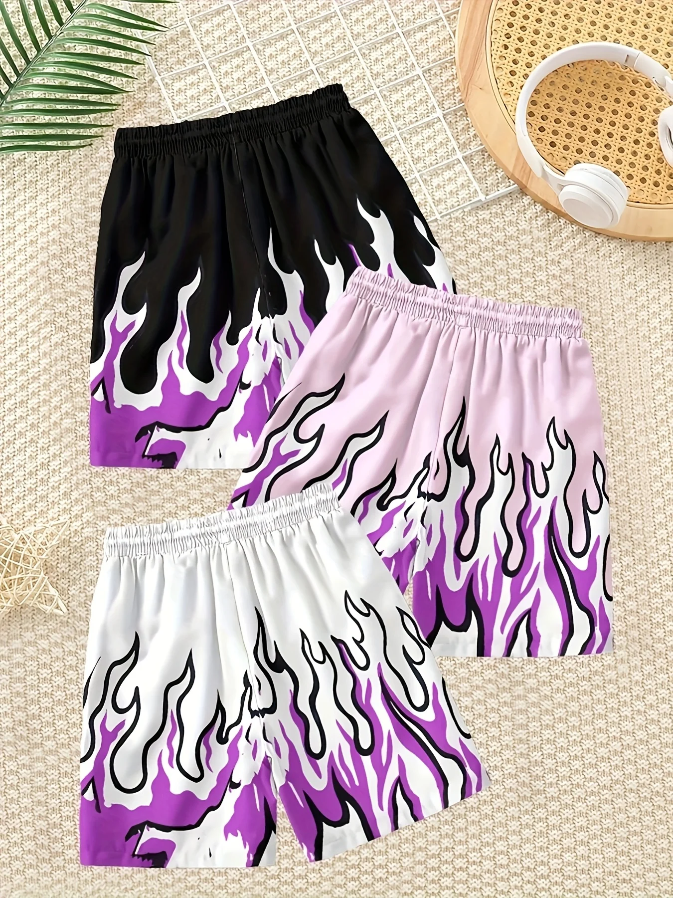 American Millennium Style Gradient Purple Flame High-Waisted Wide-Leg Casual Sports Shorts/Beach Pants for Children and Adults