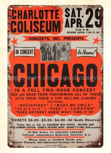 1972 Chicago Charlotte Coliseum Concert Poster metal tin sign wall decor
