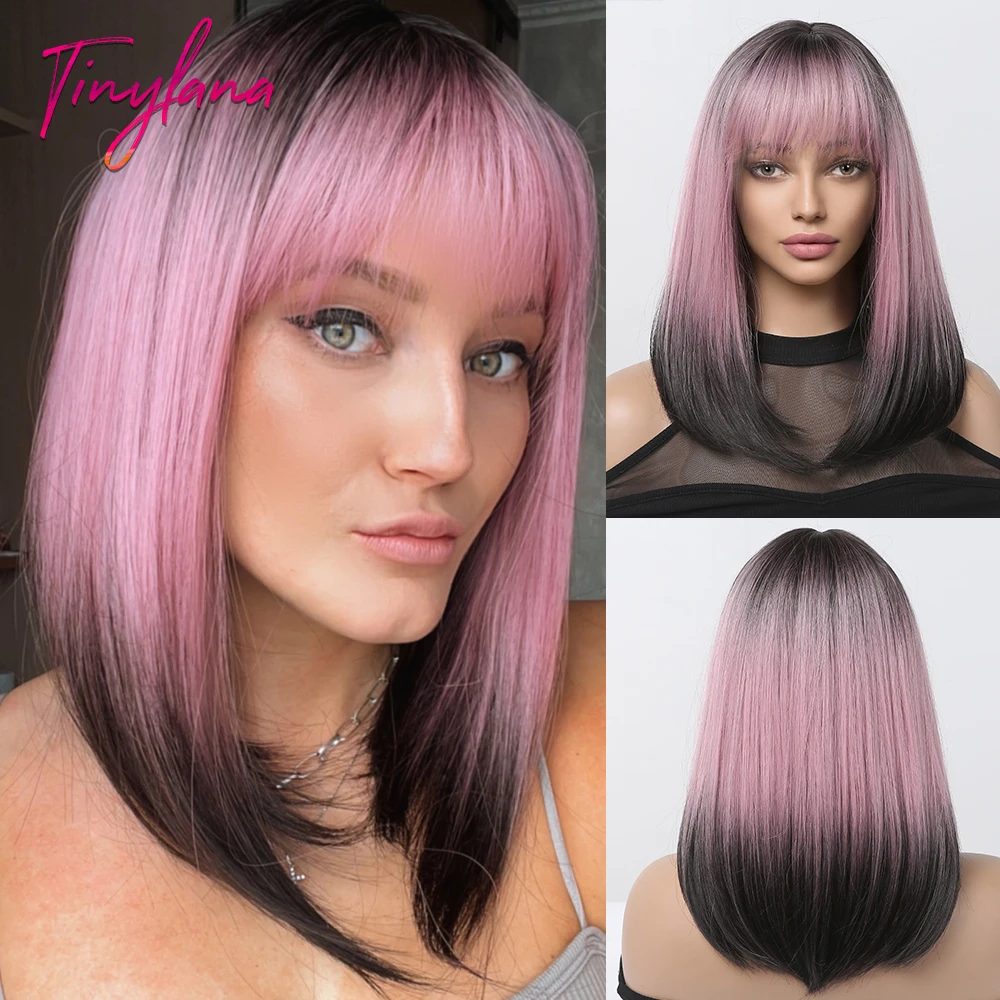 Black Pink Medium Straight Synthetic Wig with Bangs Short Bob Gray Pink Ombre Wigs for Women Afro Cosplay Heat Resistant Hair