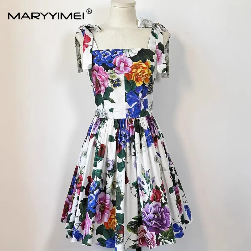 

MARYYIMEI Floral-Print Pleated Splicing Fashion Dress For Women Square-Neck Spaghetti Strap Bow High waist Cotton Dresses