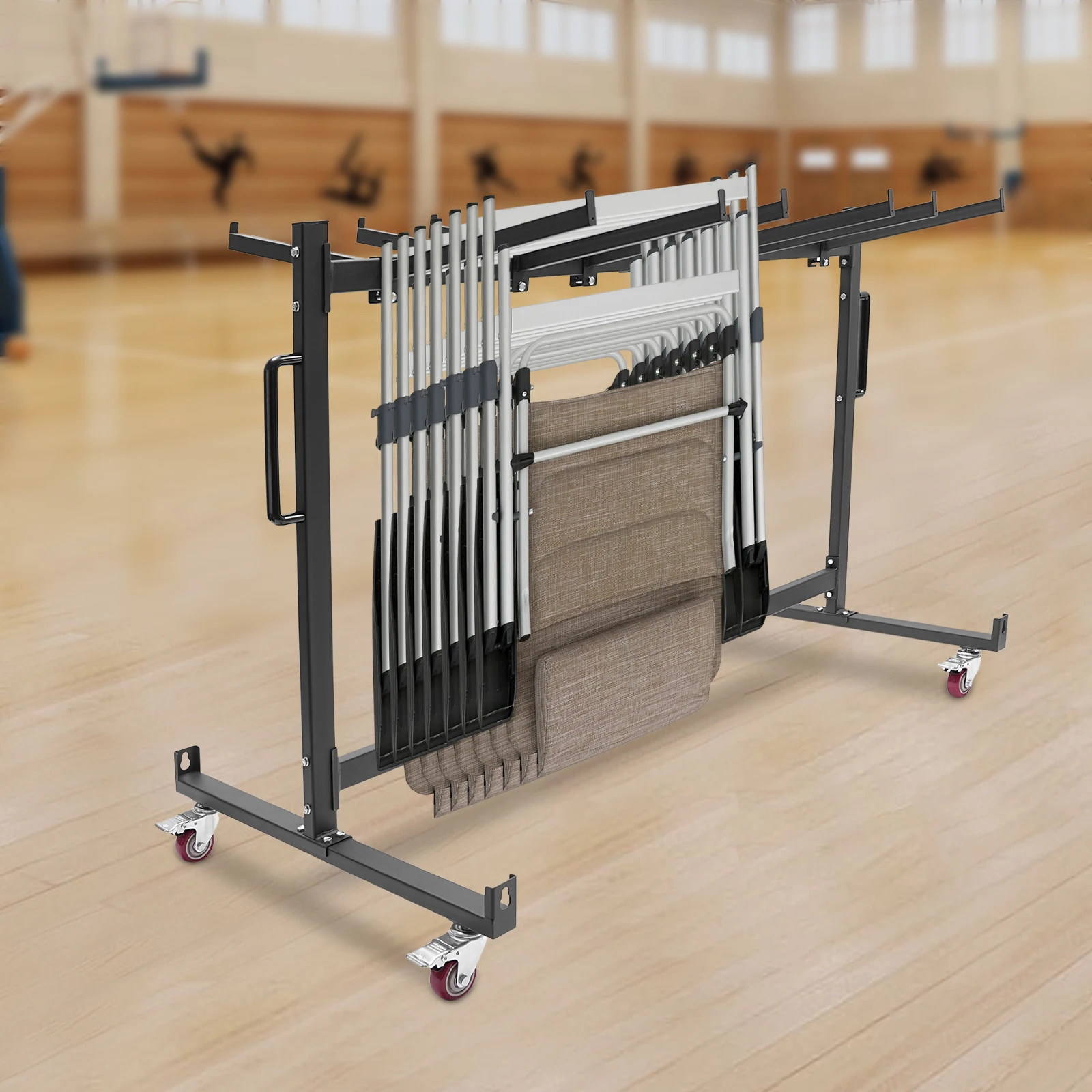 

Черная тележка-трансформер из стали Q235 (86x183x114 см) для 42 складных столов и стульев, четырехколесная.