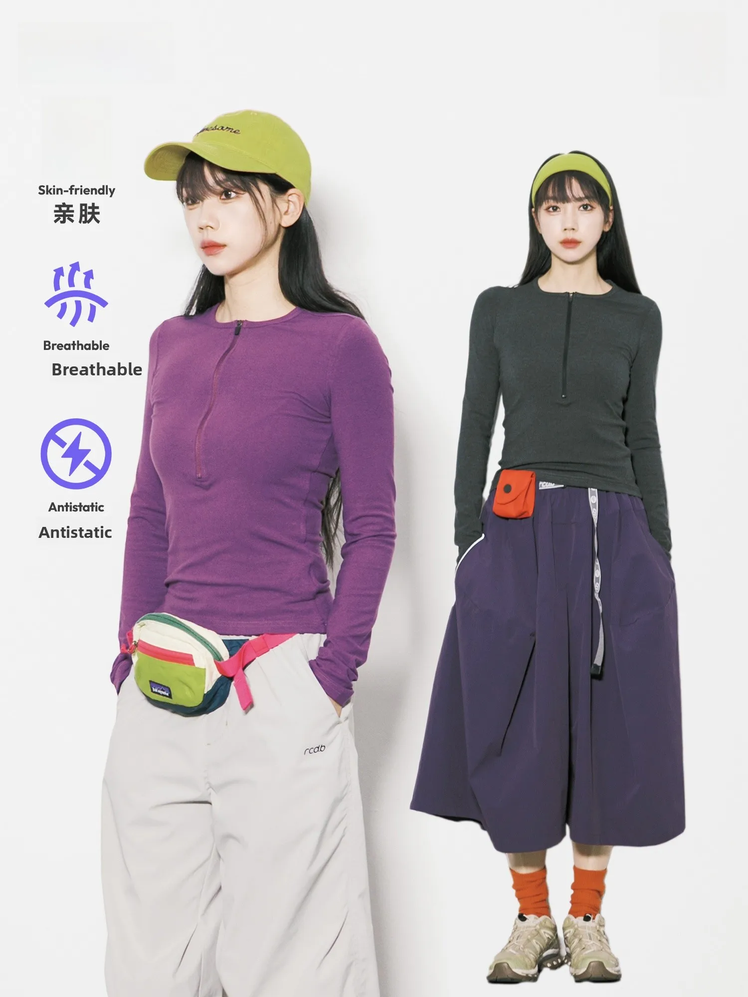 

Slim Fit Long Sleeve T-Shirt Women's Skin-friendly High Elasticity Lightweight Versatile Base Shirt round Neck Zipper Design