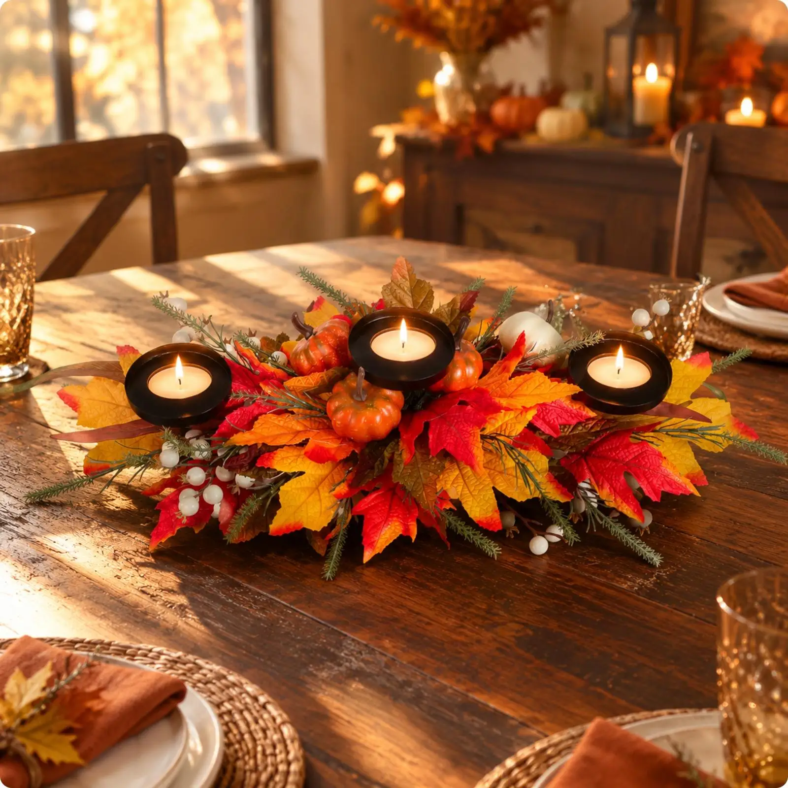3-Candle Fall Table Centerpiece Versatile Autumn Harvest Centerpiece with Pumpkins Maintenance for Mantel, Fireplace