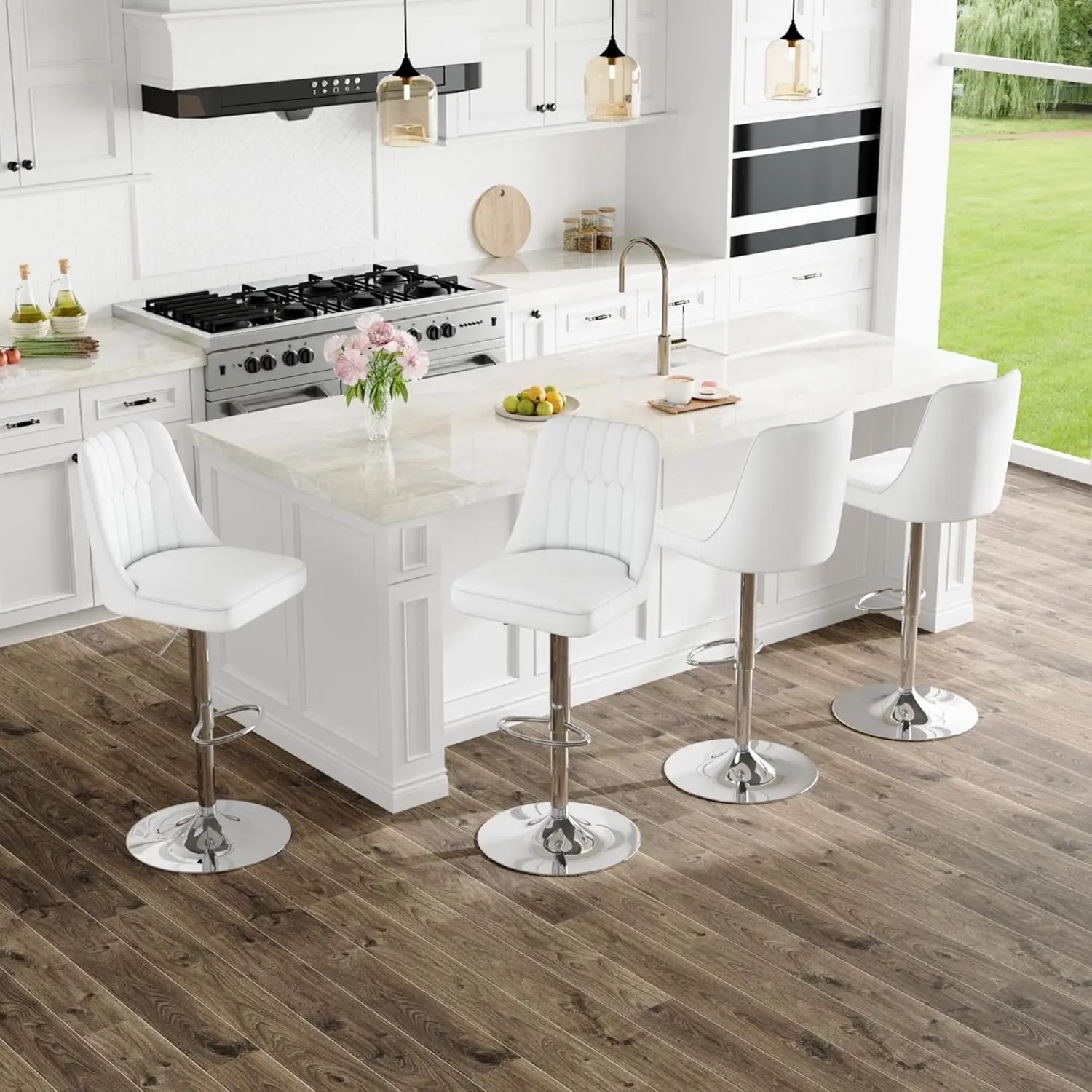 

White Adjustable Swivel Bar Stools With Back Set Of 4 Leather Kitchen Pub 25-33in H, Customized