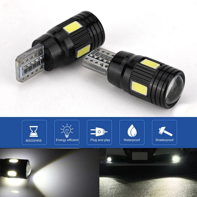 4Pcs Car Canbus T10 LED Light 5730 6Smd Error Free 12V Bulbs W5W 168 194 Lens 6000K