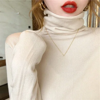 

Autumn Winter Women's High Collar Sweater Slim Fit Bla White Knitted Base Layer irt Faionable Commute Pure Color Long S...