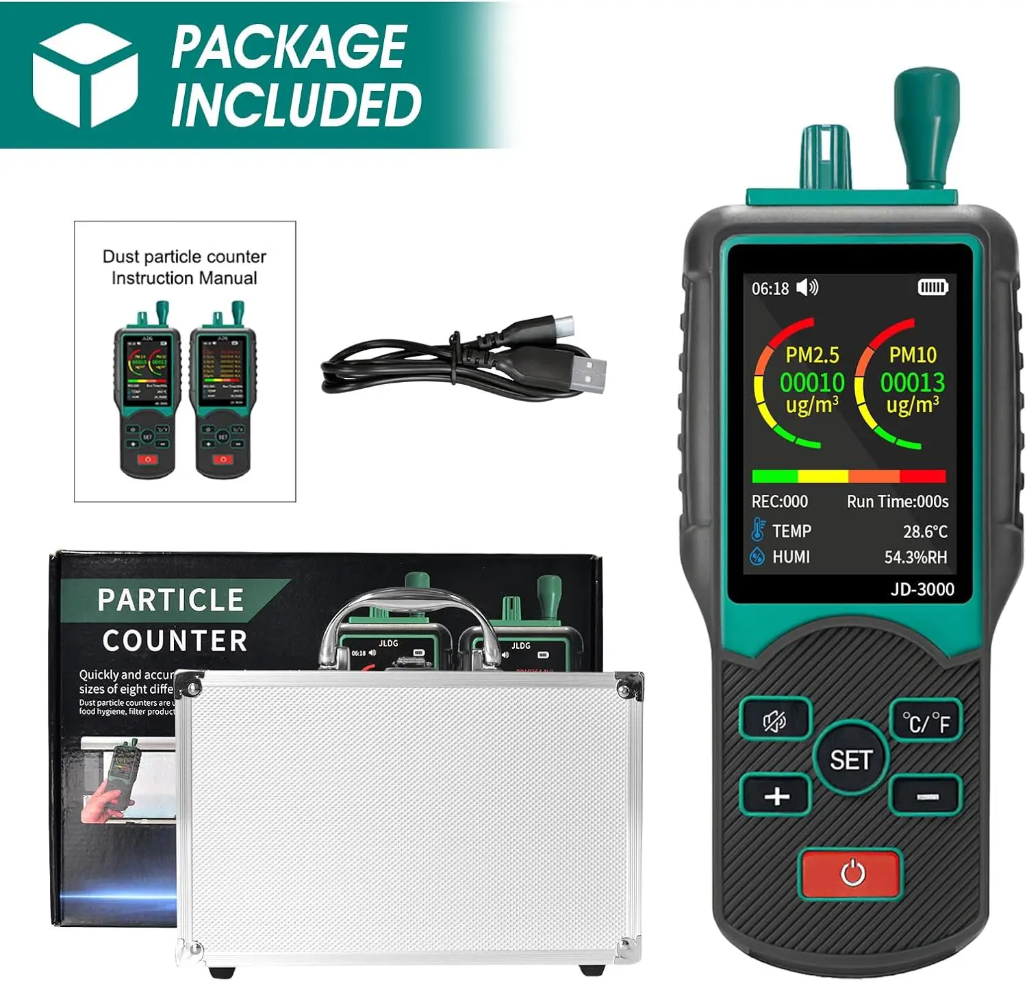 JD-3000 Laser Dust Particle Counter Portable PM2.5/PM10 Tester 6-Size Analysis with Temp/Humi Display Data Recording