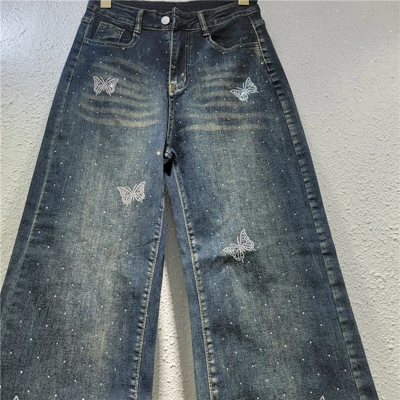 Europäische Straße Schmetterling Hot Diamond gewaschen elastischen Denim Straight-Leg Hosen Damen Blue Jeans