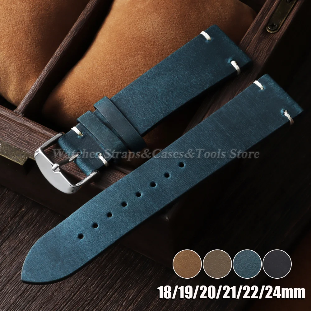 Vintage Oil Wax Watch Band Handmade Stitching Cowhide Strap for Omega for Seiko for Smartwatch Belt 18mm 19mm 20mm 21mm 22mm24mm